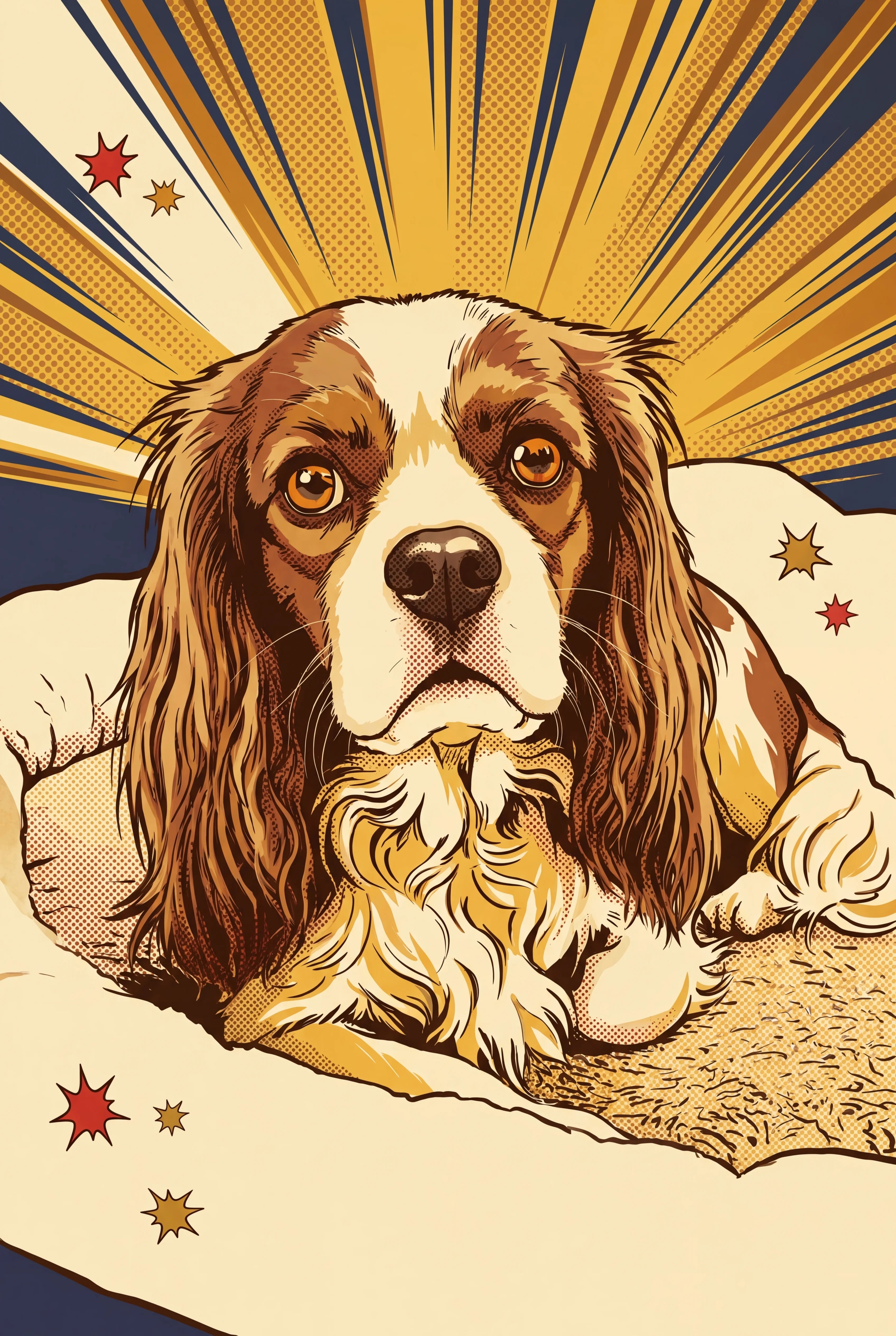 Silver Age Hero pet portrait of a Blenheim Cavalier King Charles Spaniel chestnut and white, framed fine-art print
