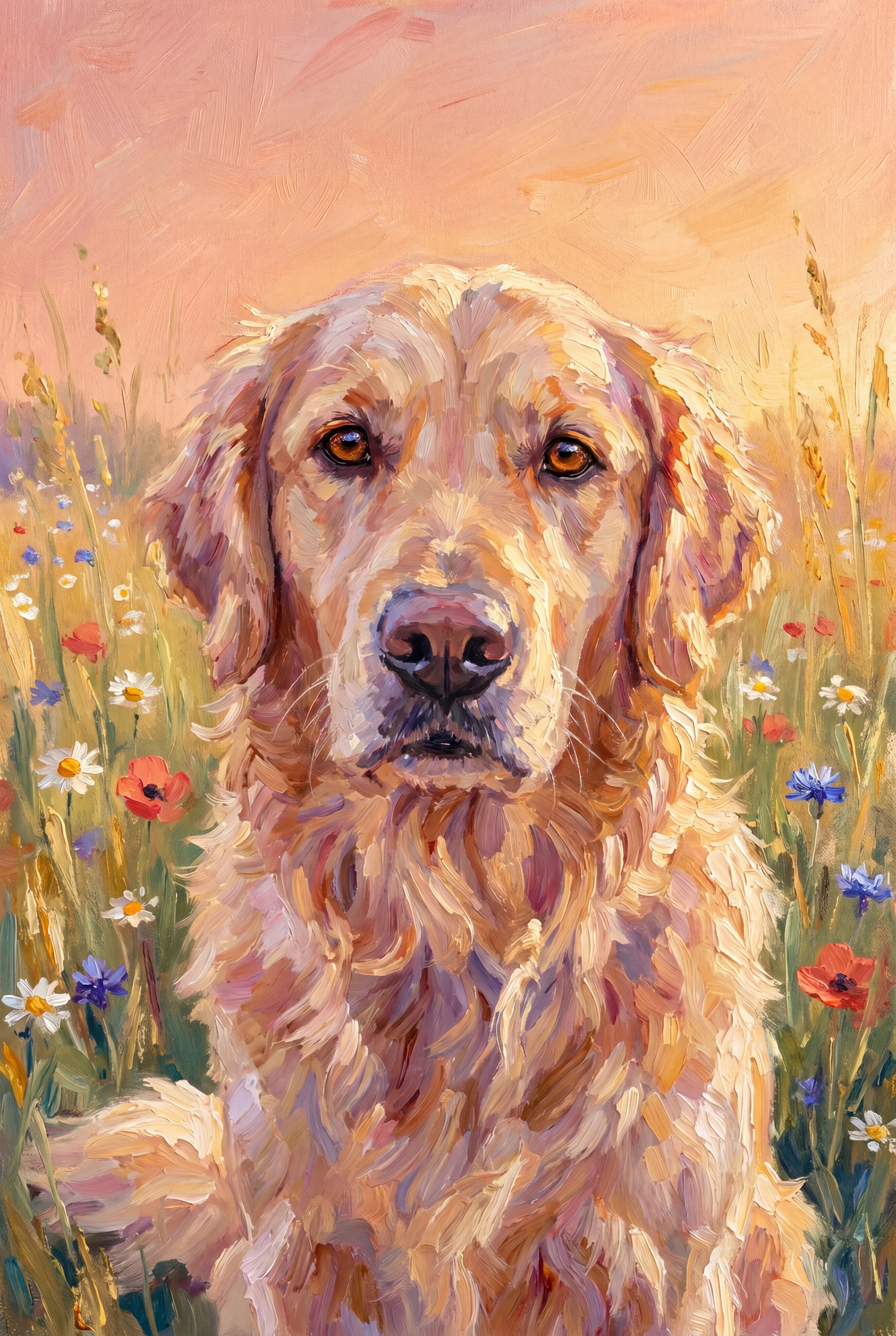 Impressionist Golden Hour pet portrait of a Golden Retriever, framed fine-art print
