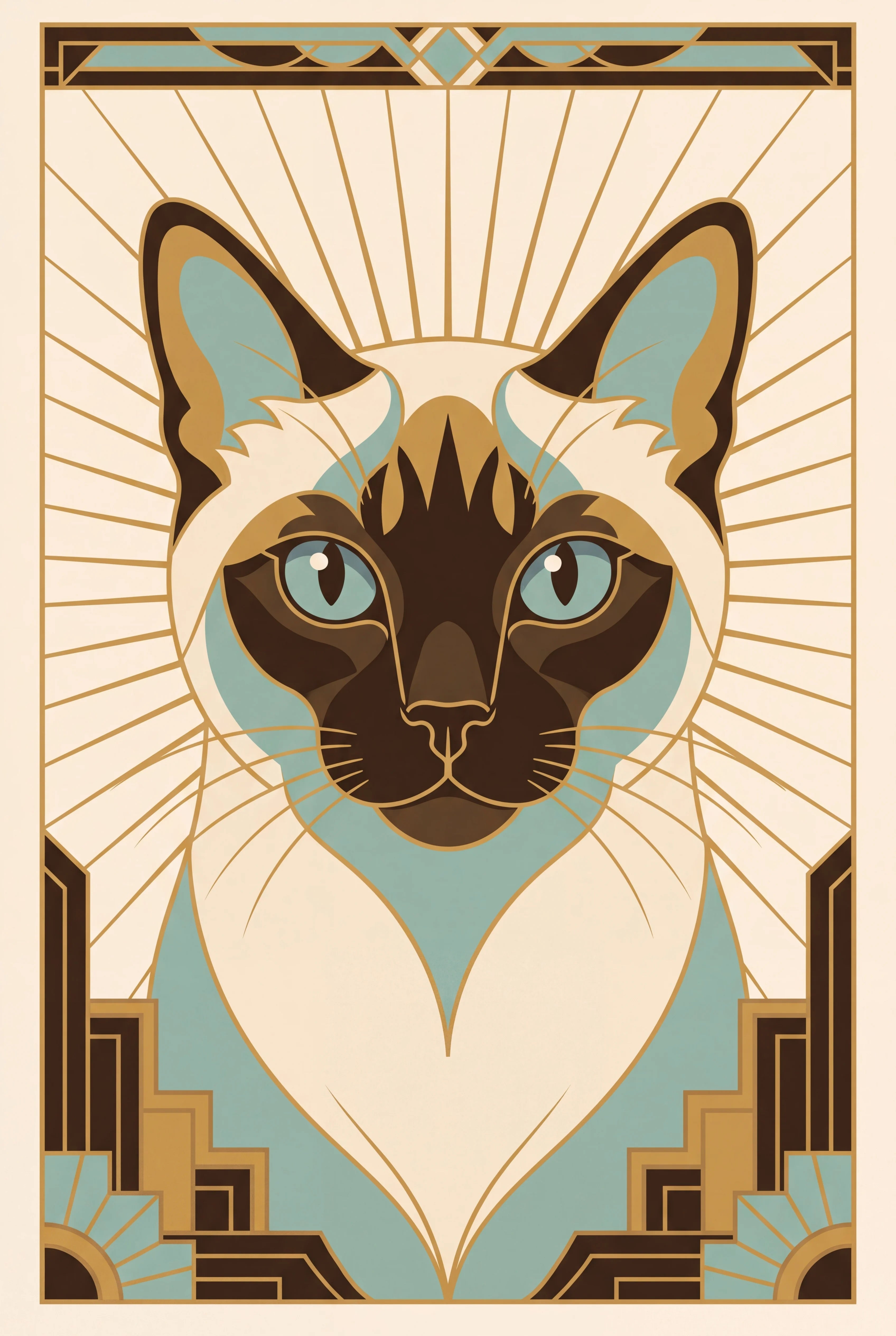 Art Deco Luxe pet portrait of a Siamese cat, framed fine-art print