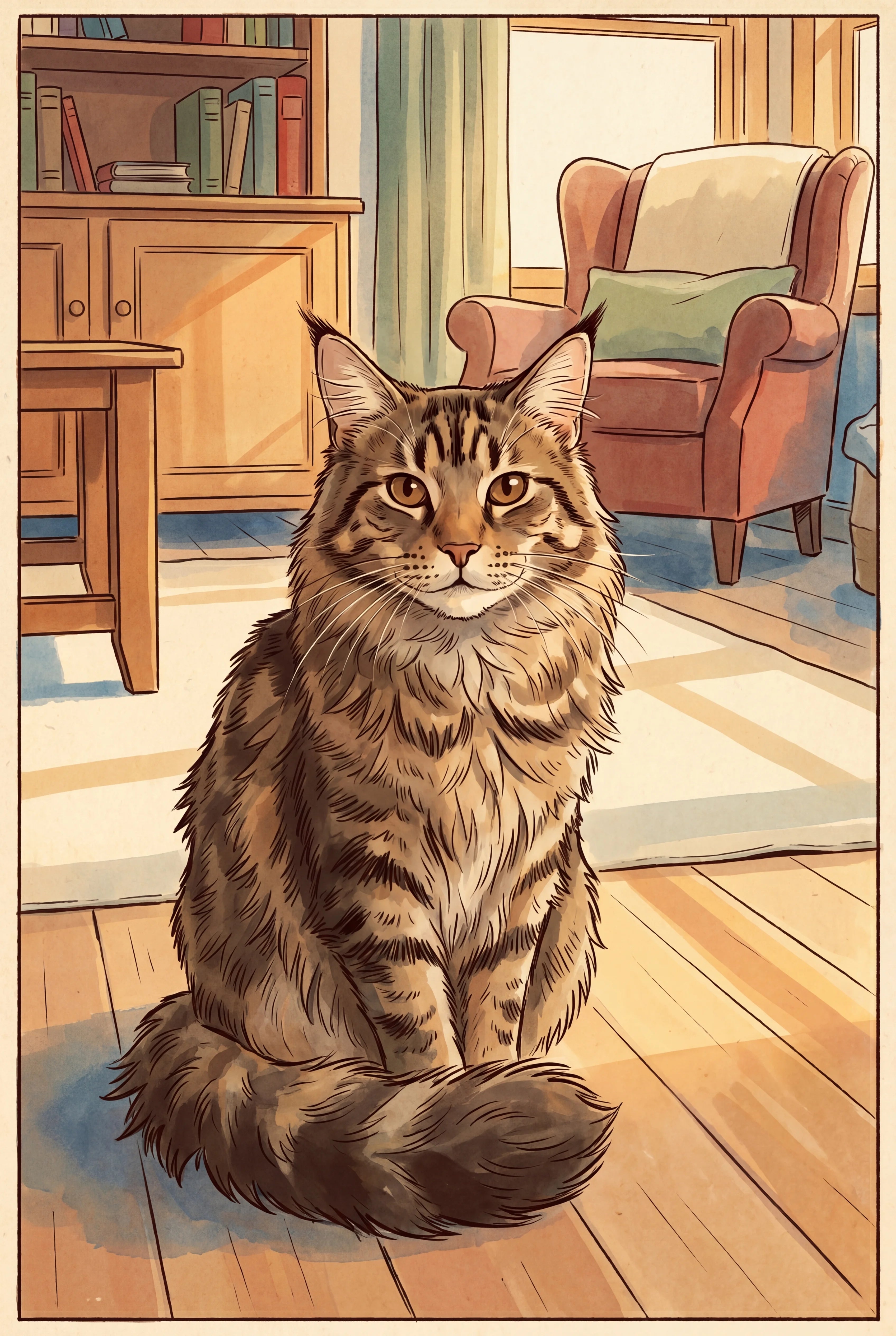 Warm Classic Comic pet portrait of a brown tabby Maine Coon, framed fine-art print