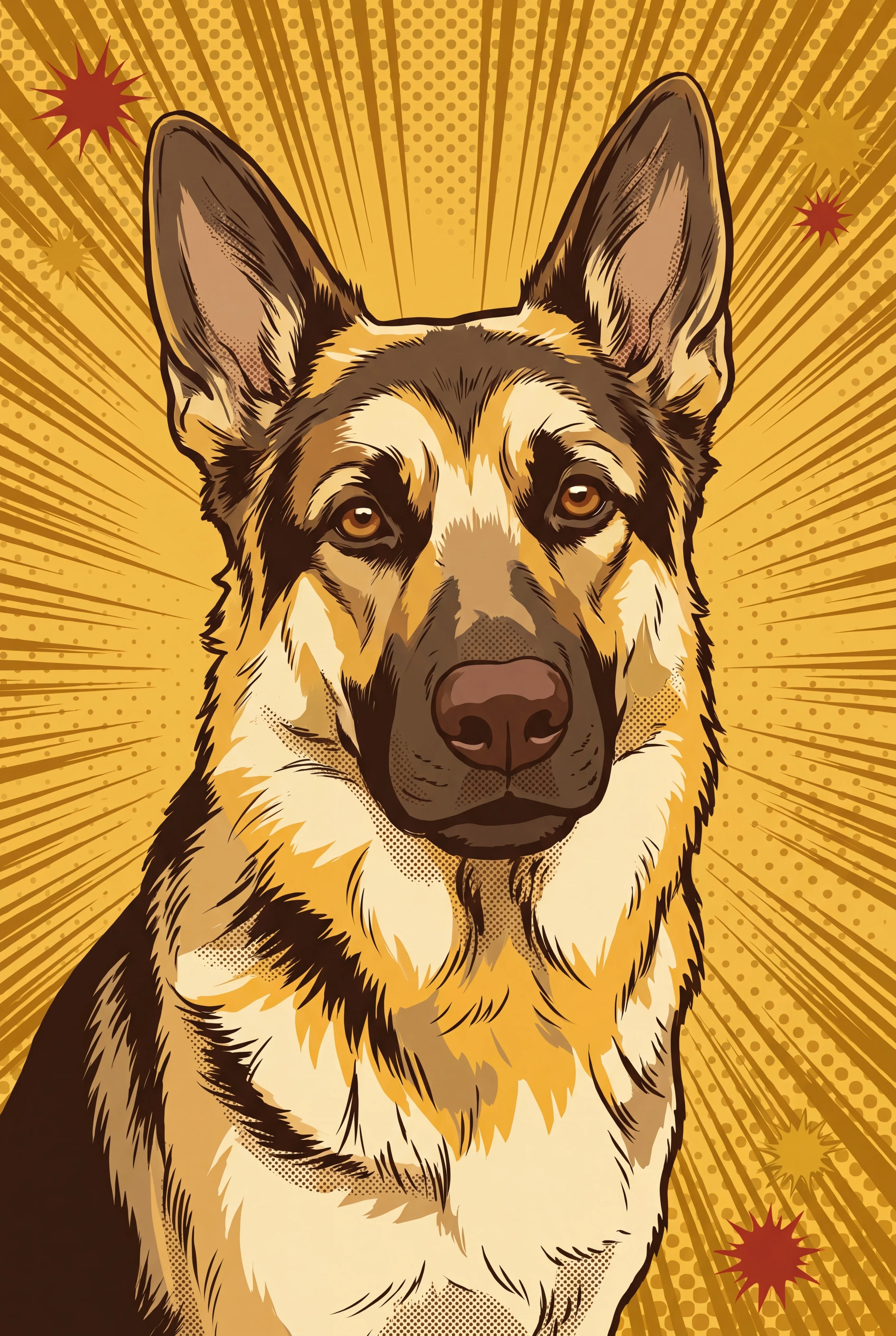 Silver Age Hero pet portrait of a classic black and tan German Shepherd, framed fine-art print