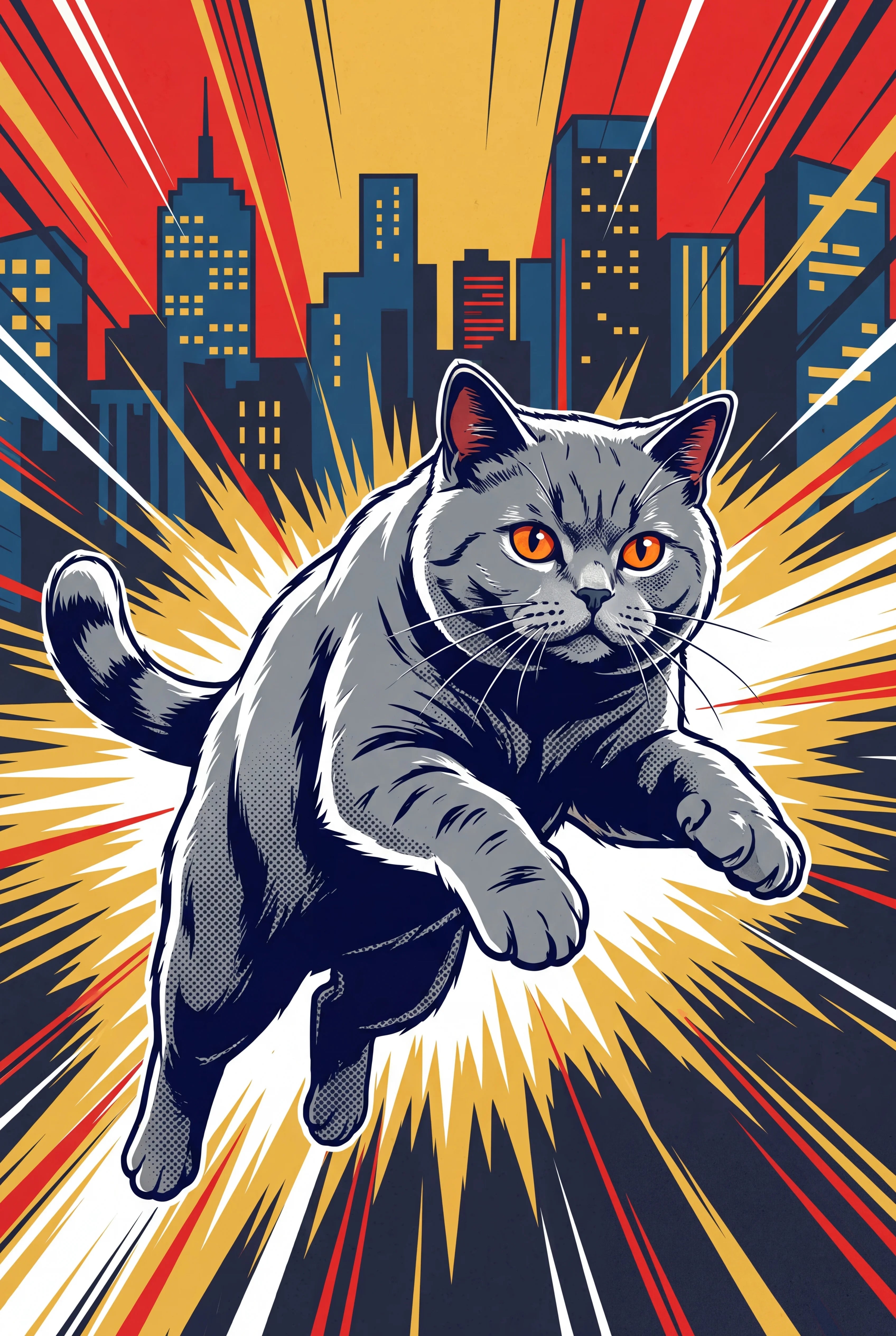 Comic Book Hero pet portrait of a classic blue gray British Shorthair cat, framed fine-art print