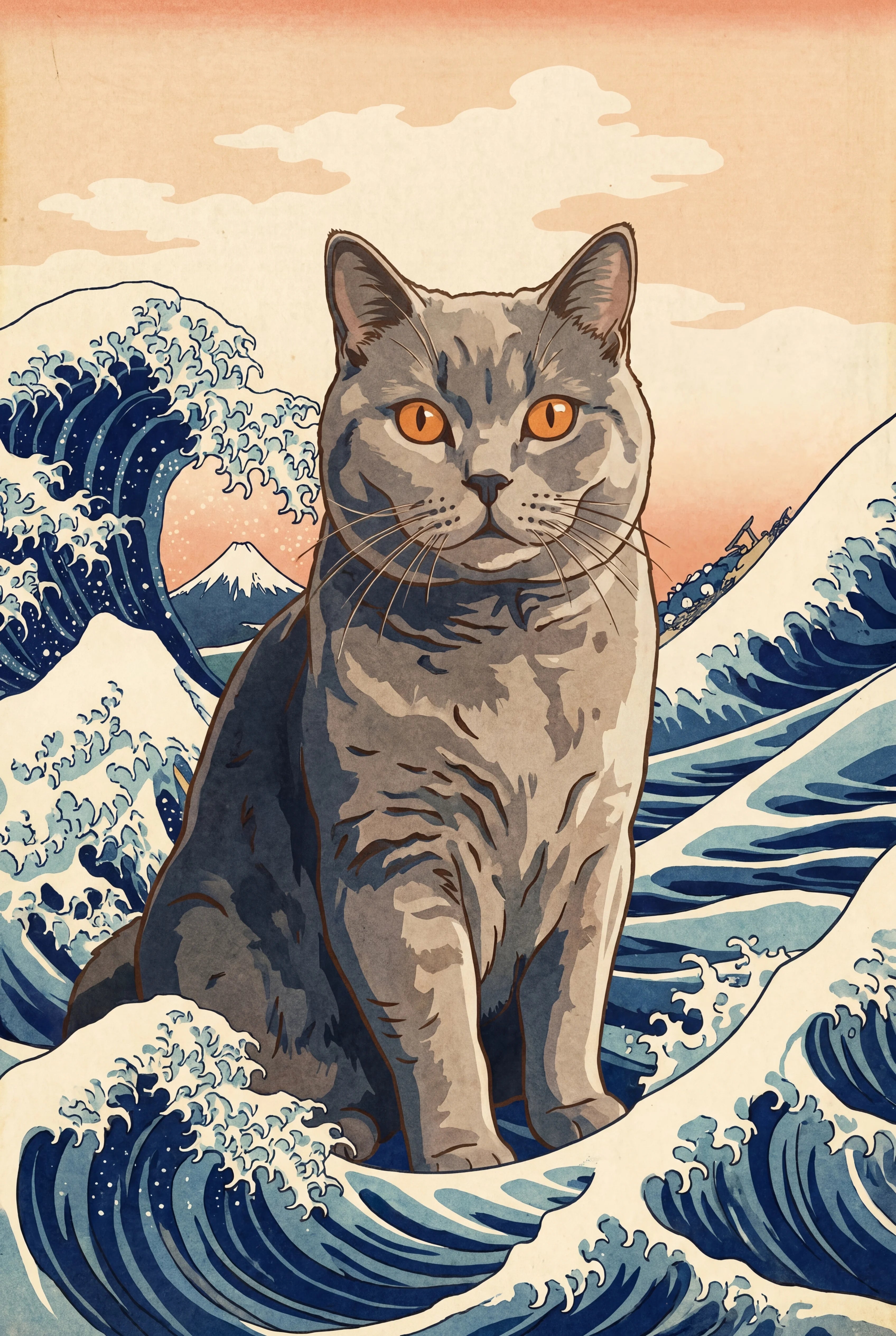 Japanese Ukiyo-e Great Wave Fusion pet portrait of a classic blue gray British Shorthair cat, framed fine-art print