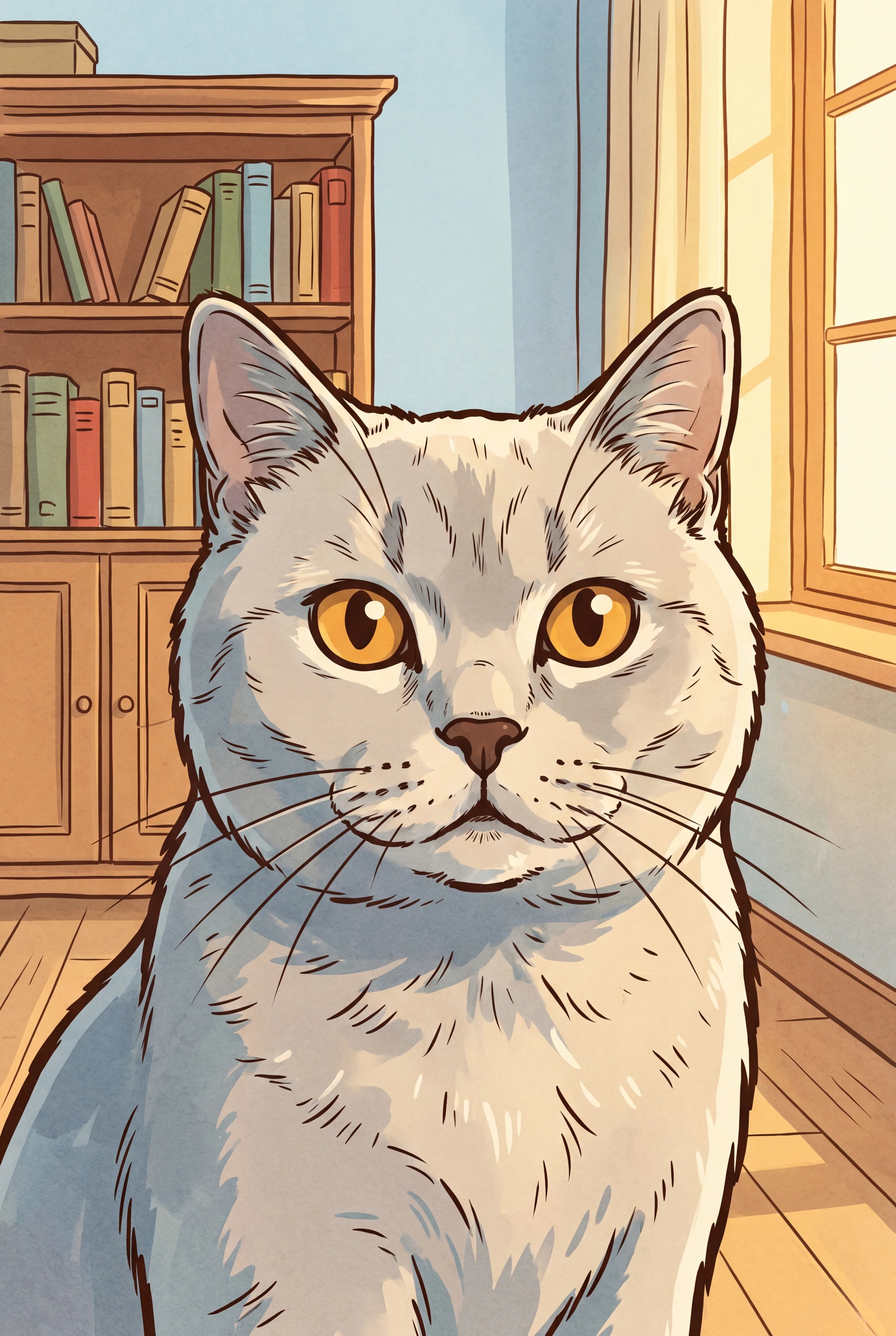 Warm Classic Comic pet portrait of a classic blue gray British Shorthair cat, framed fine-art print