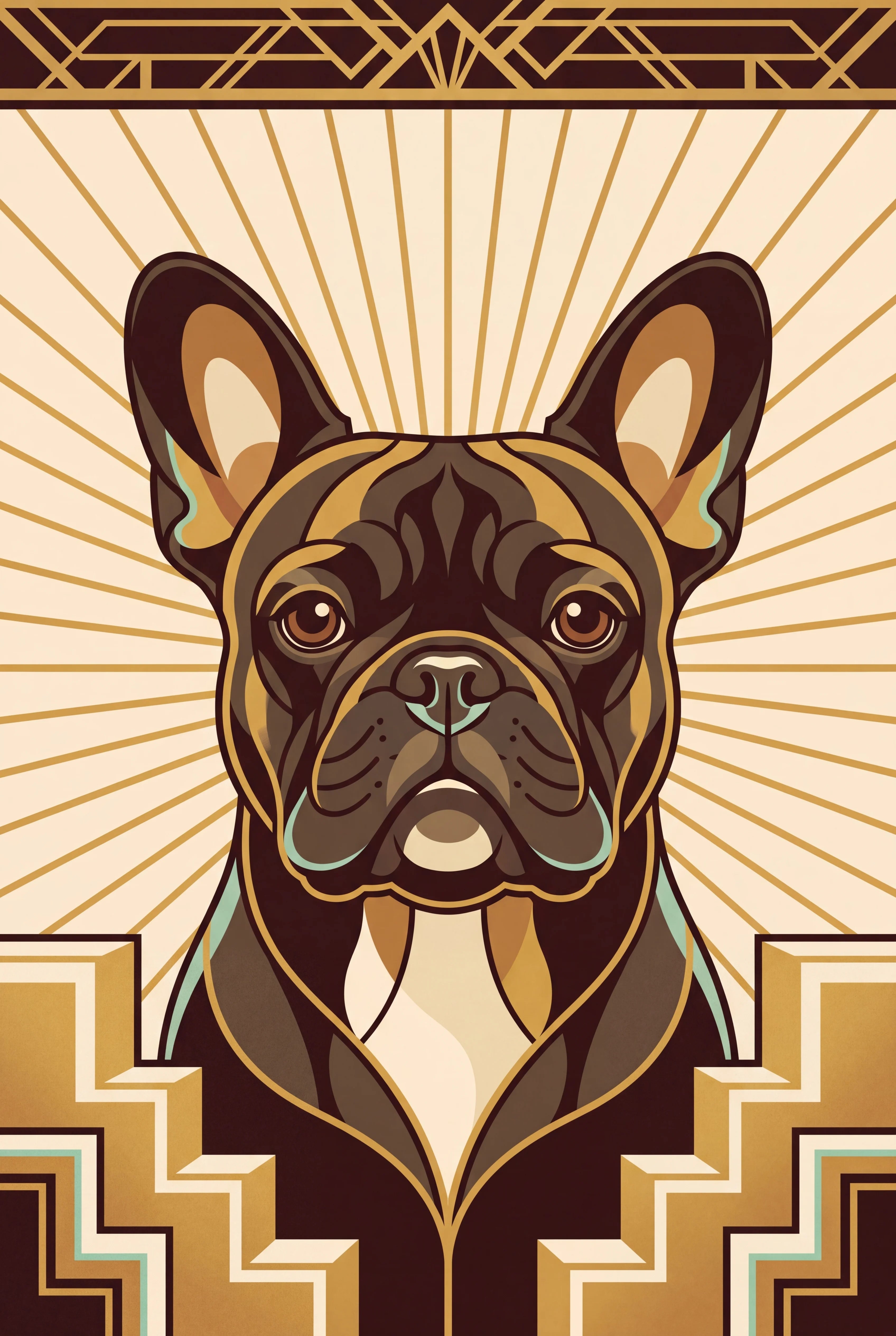 Art Deco Luxe pet portrait of a dark brindle French Bulldog, framed fine-art print