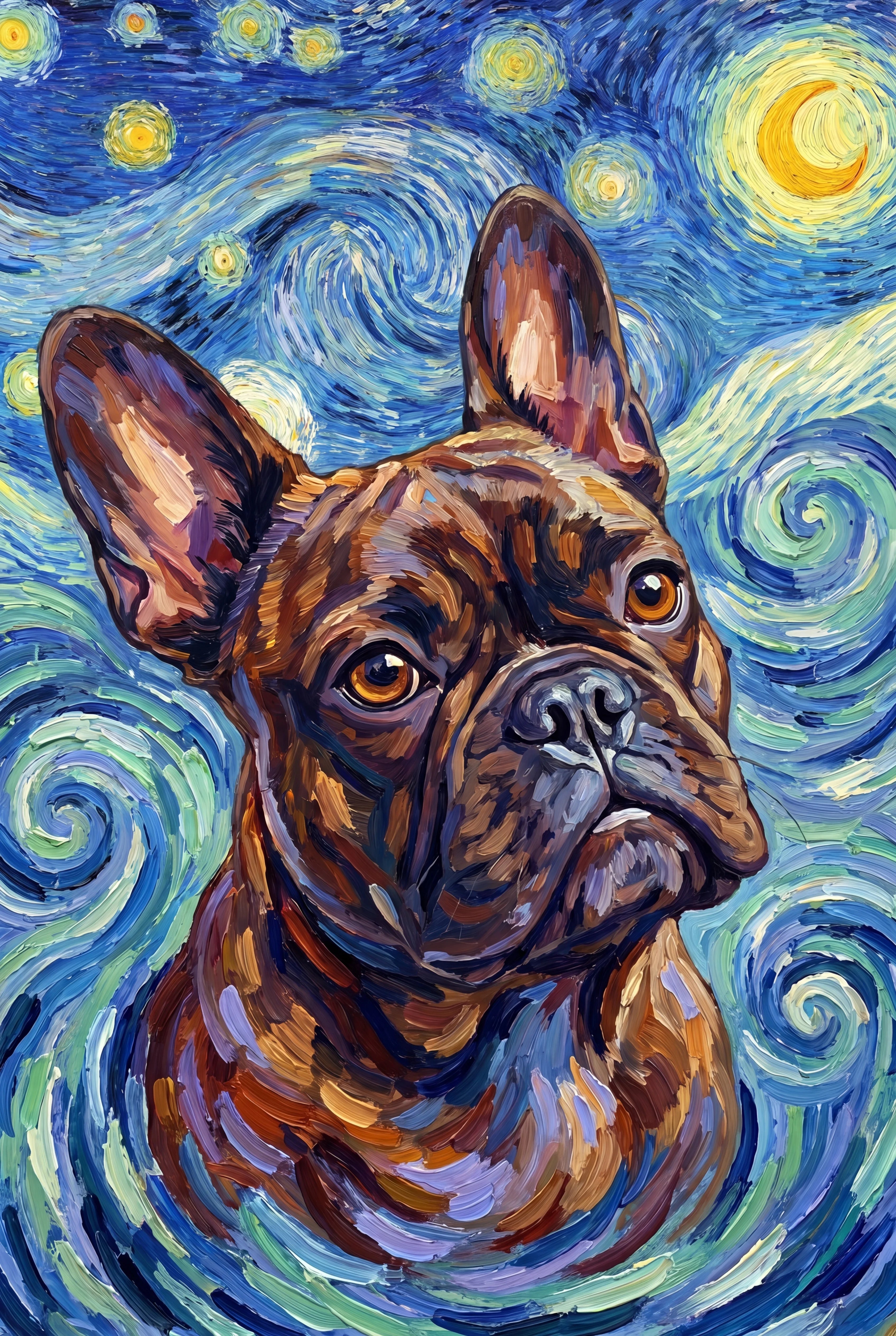 Van Gogh Starry Night pet portrait of a dark brindle French Bulldog, framed fine-art print