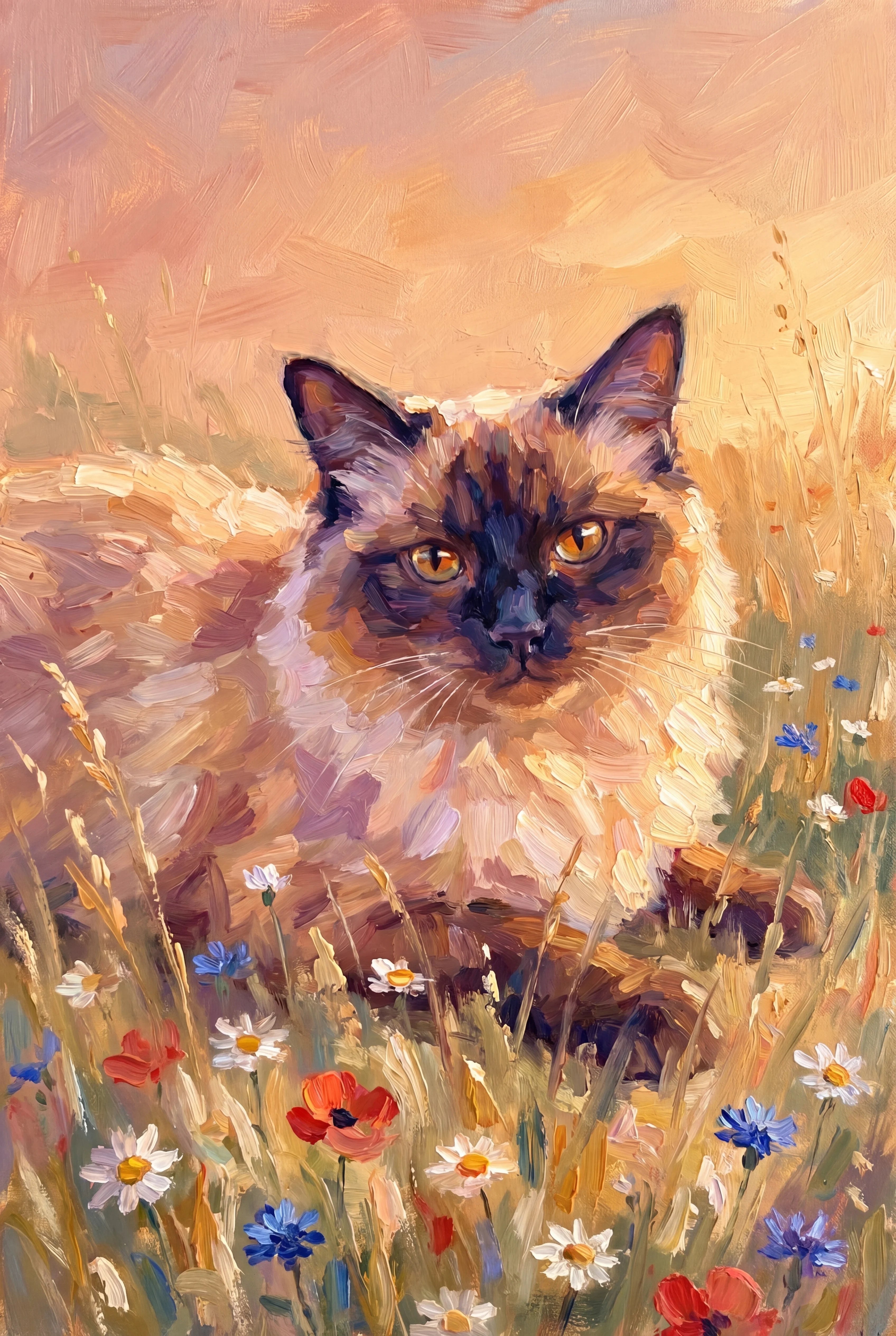 Impressionist Golden Hour pet portrait of a seal point Ragdoll cat, framed fine-art print