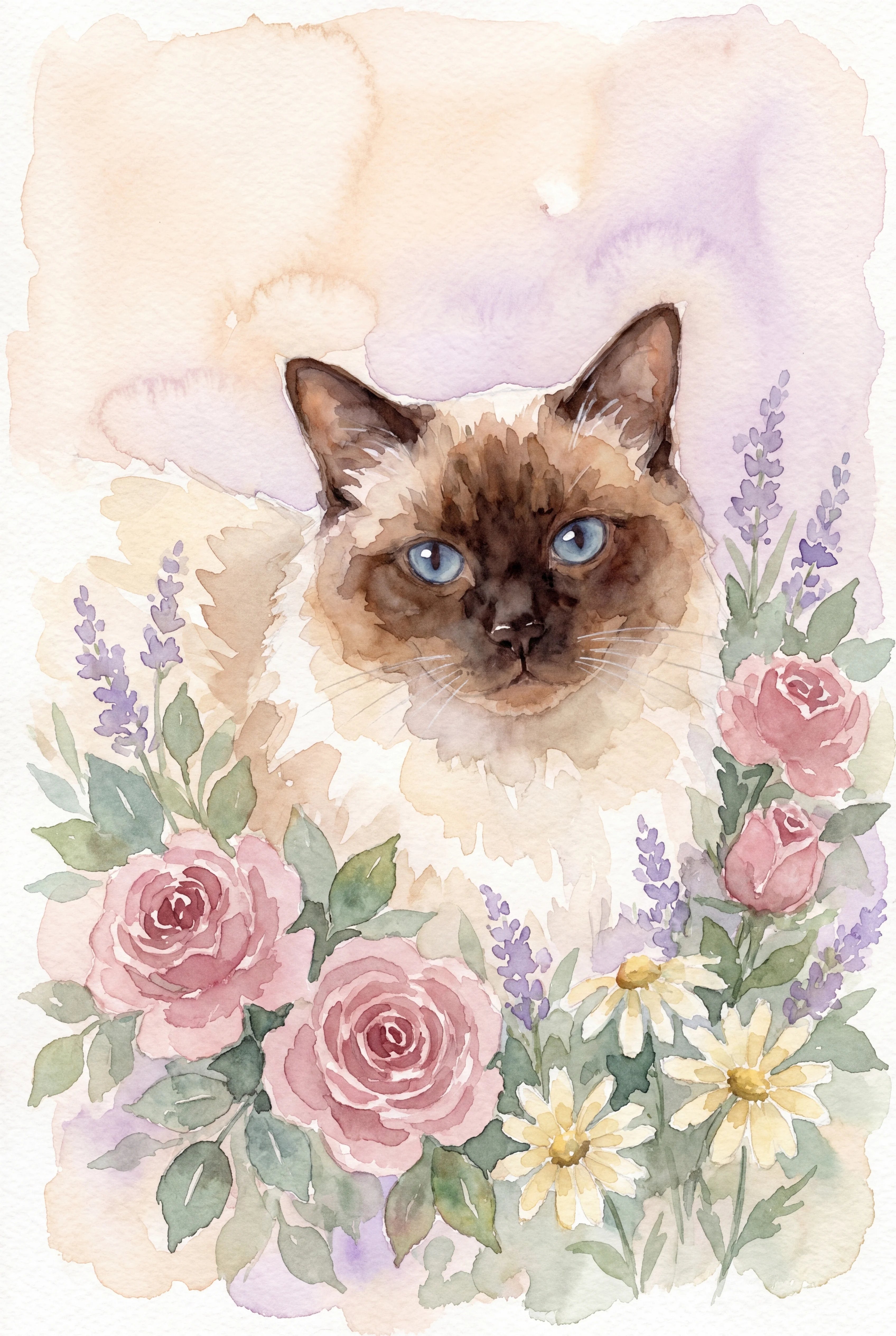 Watercolour Garden pet portrait of a seal point Ragdoll cat, framed fine-art print