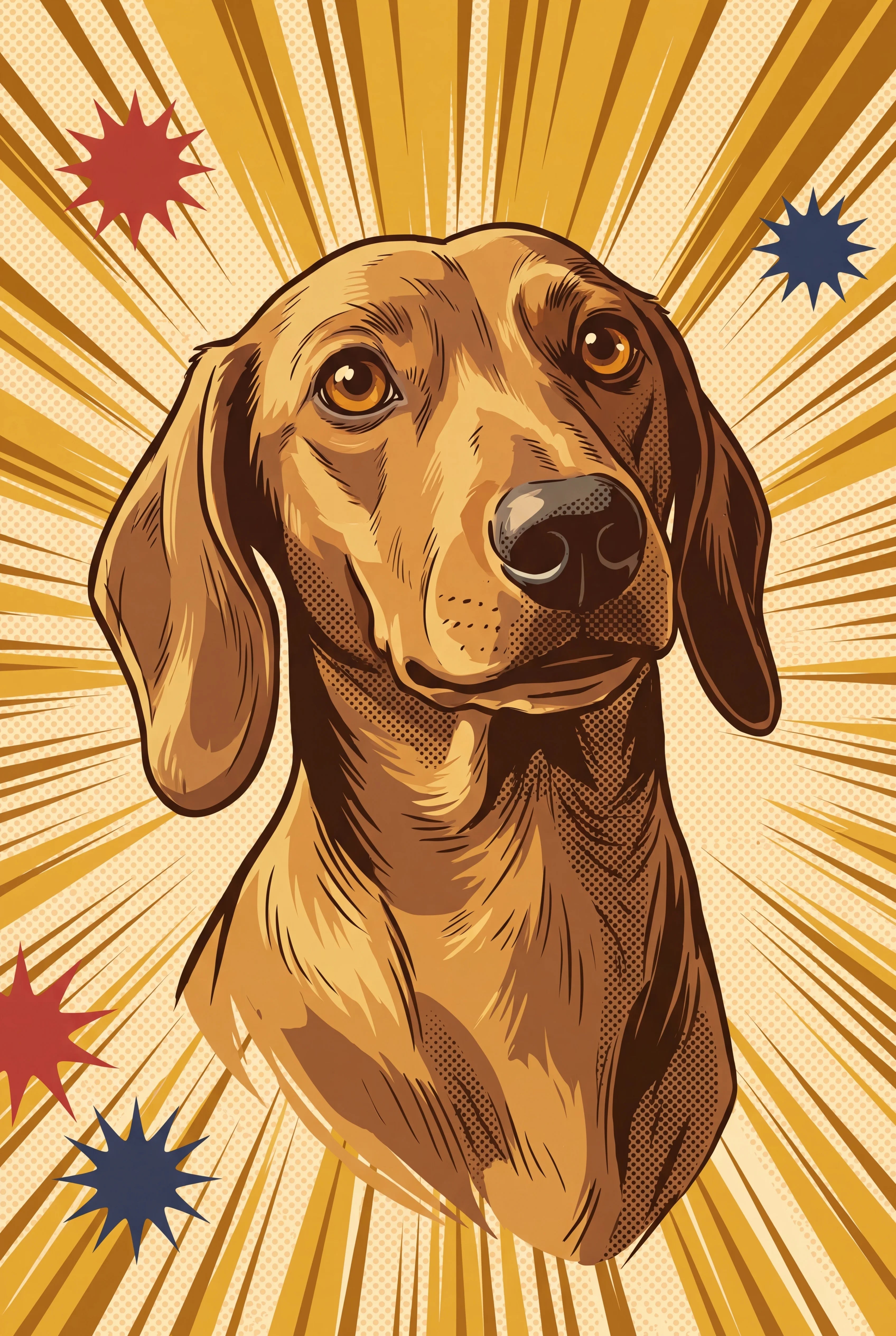 Silver Age Hero pet portrait of a smooth coat red Dachshund, framed fine-art print