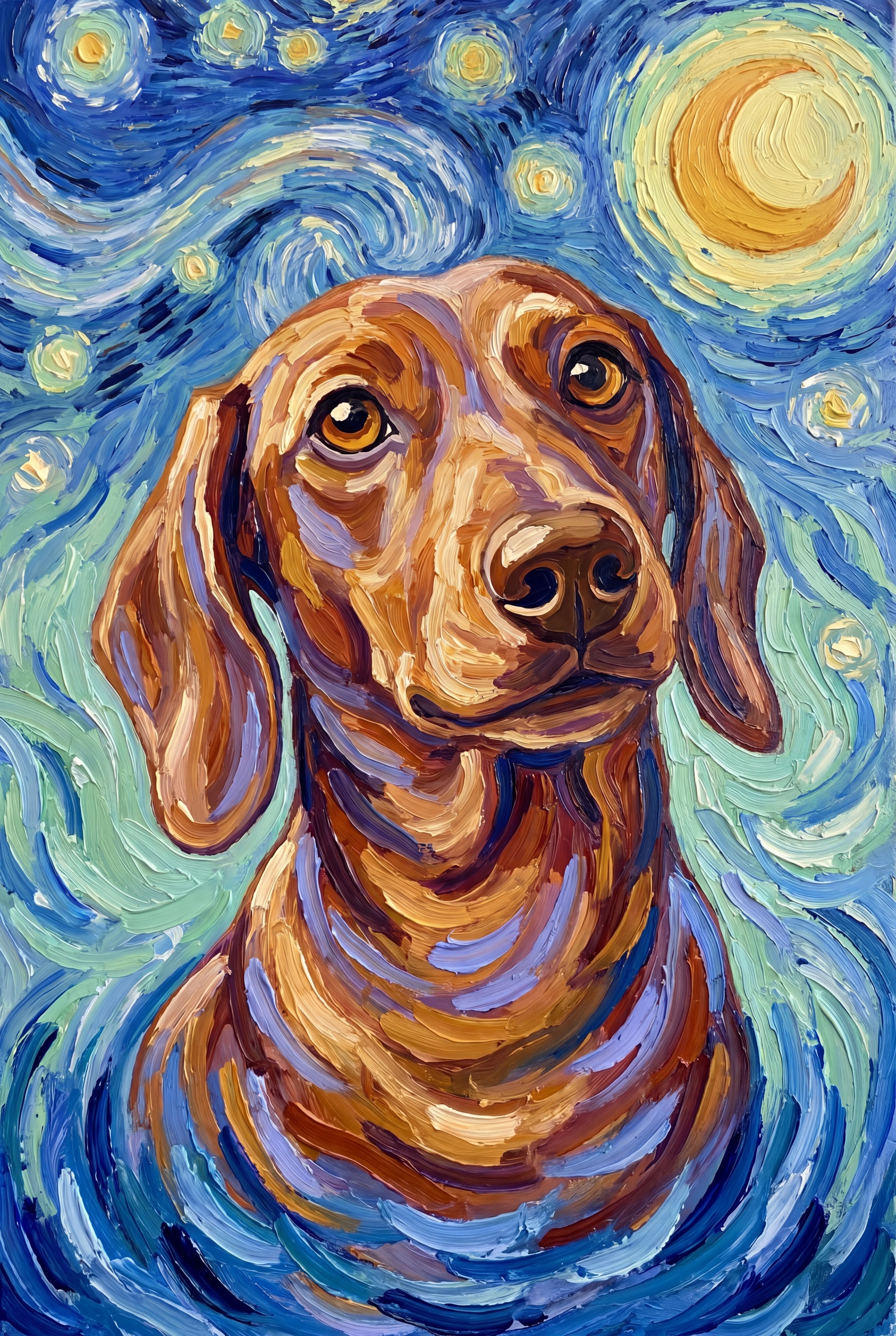 Van Gogh Starry Night pet portrait of a smooth coat red Dachshund, framed fine-art print