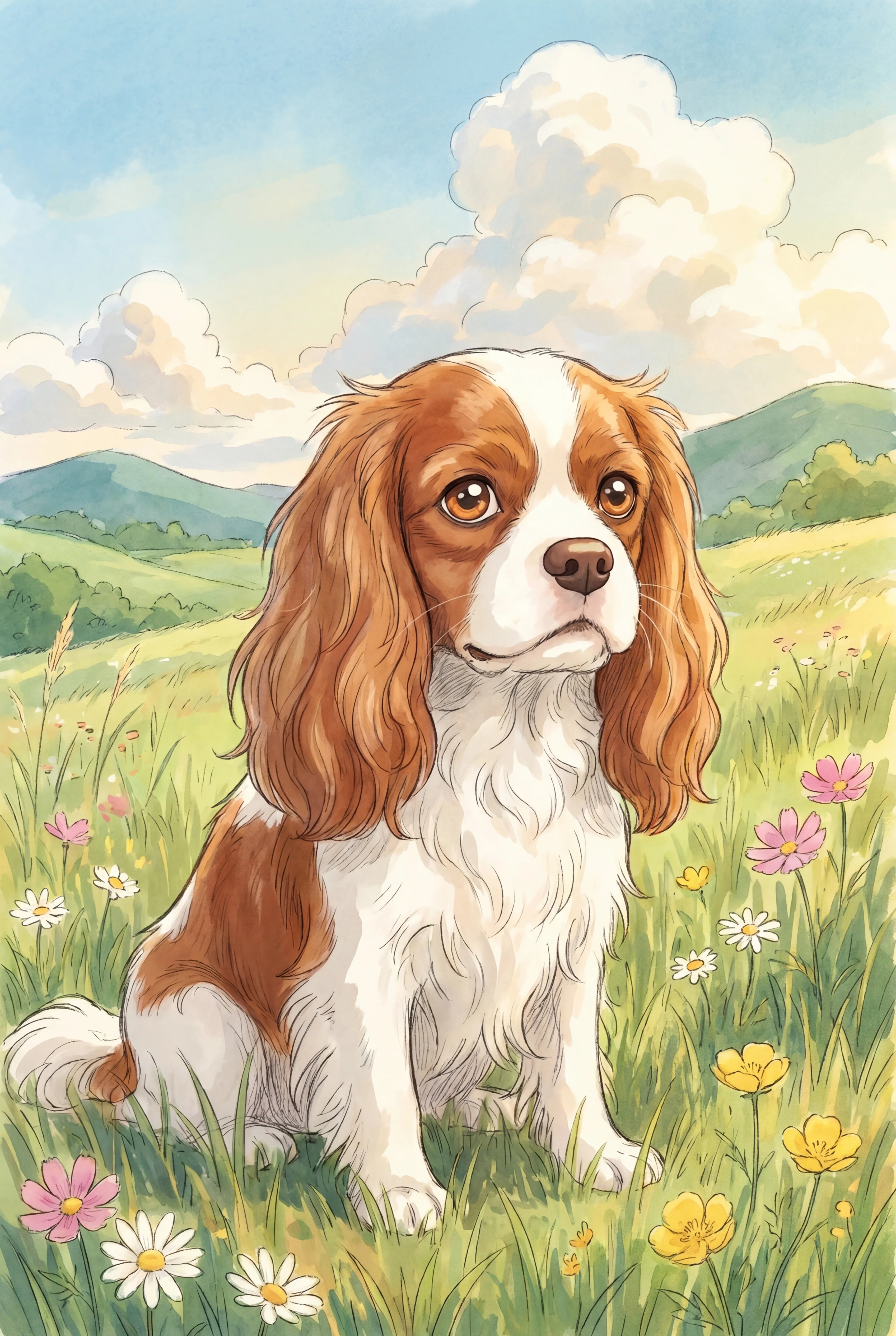 Anime Meadow pet portrait of a Blenheim Cavalier King Charles Spaniel chestnut and white, framed fine-art print