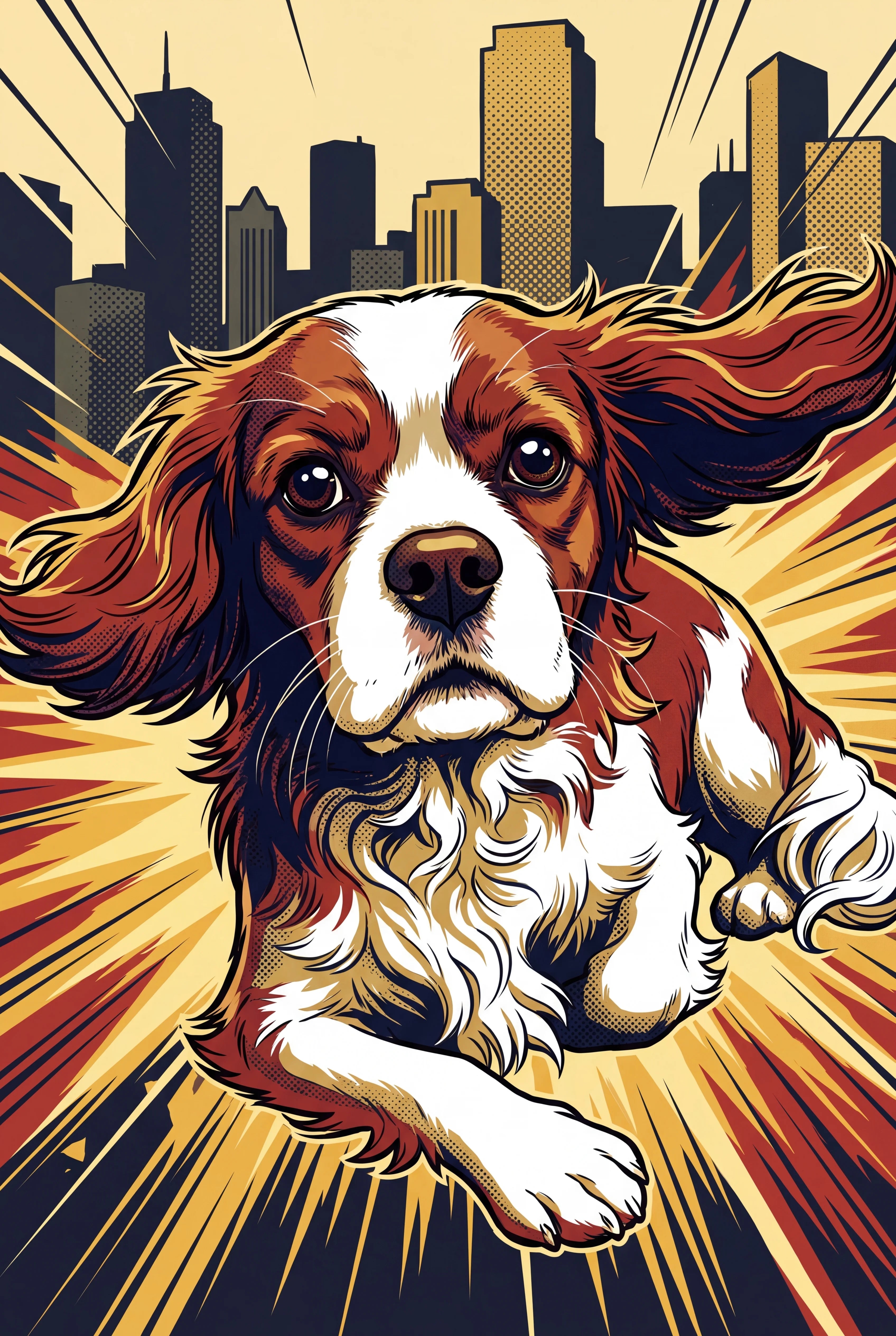 Comic Book Hero pet portrait of a Blenheim Cavalier King Charles Spaniel chestnut and white, framed fine-art print