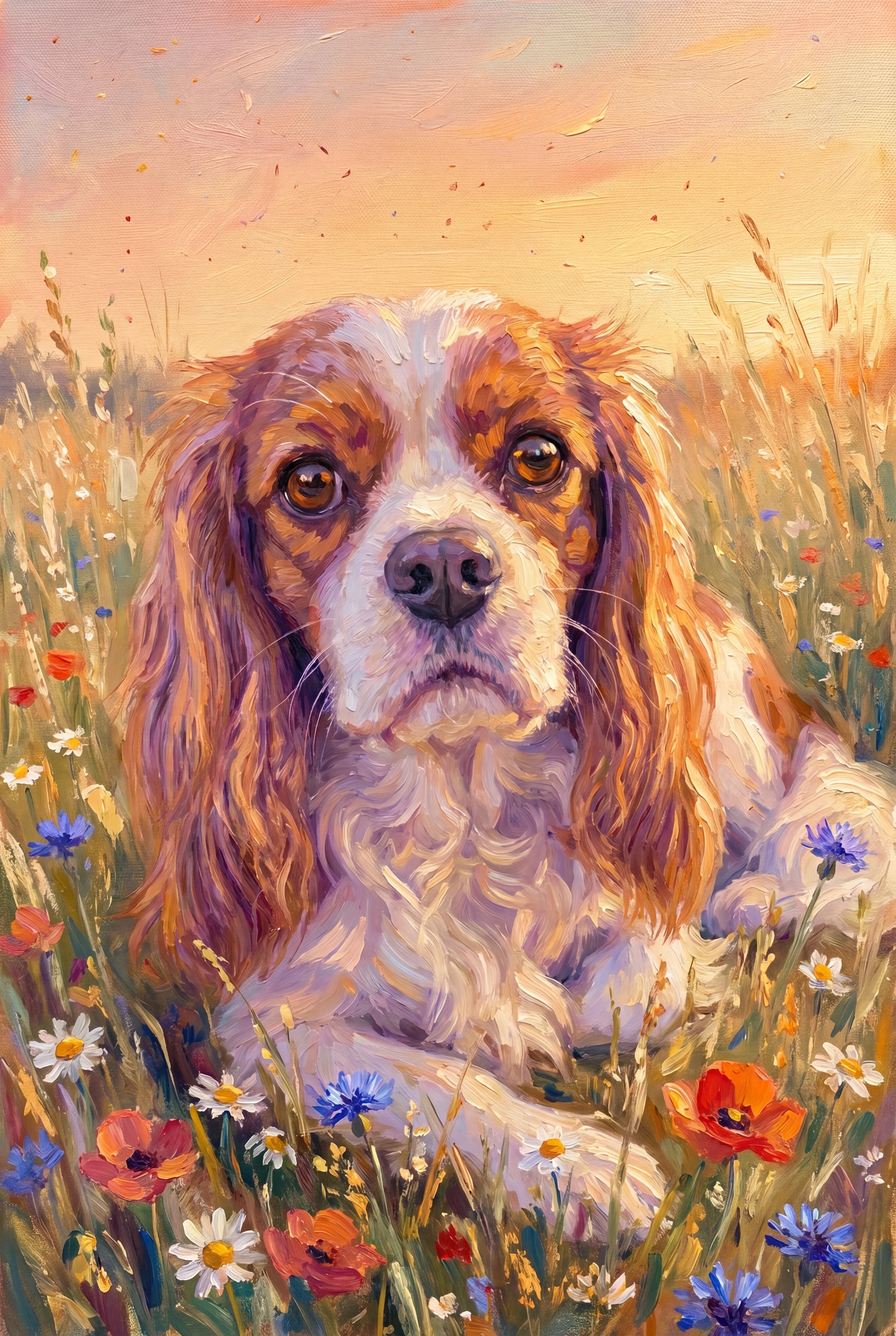 Impressionist Golden Hour pet portrait of a Blenheim Cavalier King Charles Spaniel chestnut and white, framed fine-art print