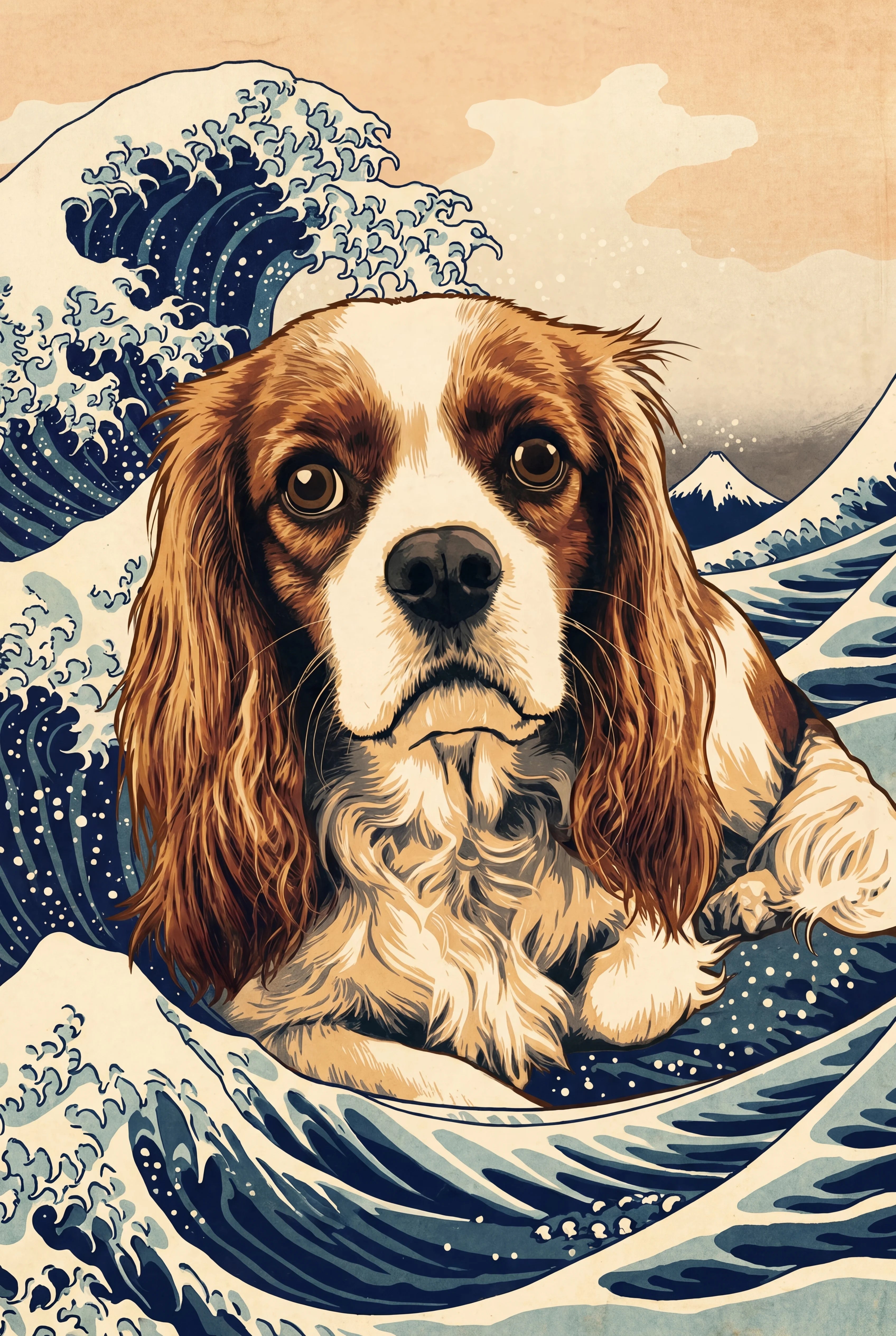 Japanese Ukiyo-e Great Wave Fusion pet portrait of a Blenheim Cavalier King Charles Spaniel chestnut and white, framed fine-a