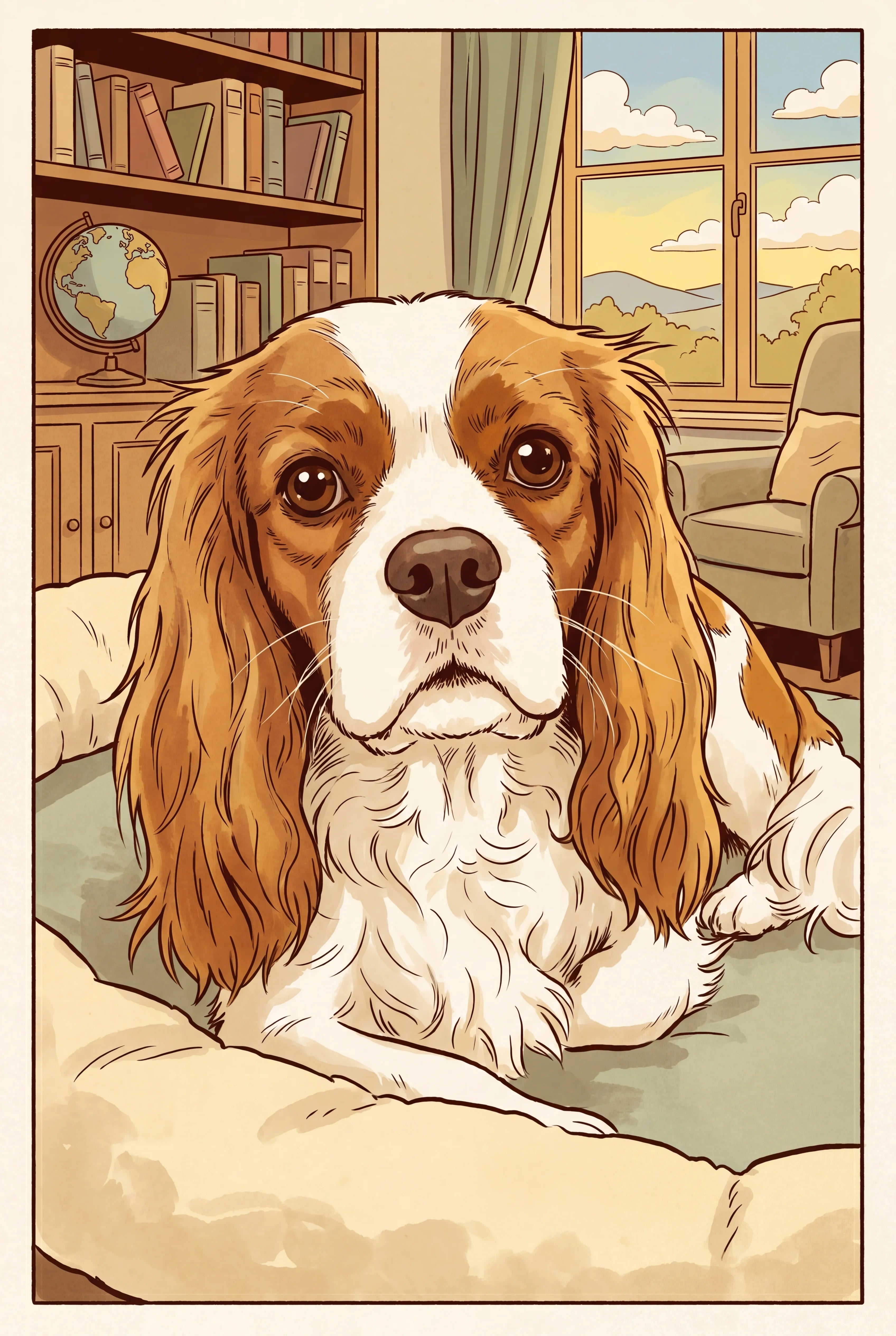 Warm Classic Comic pet portrait of a Blenheim Cavalier King Charles Spaniel chestnut and white, framed fine-art print