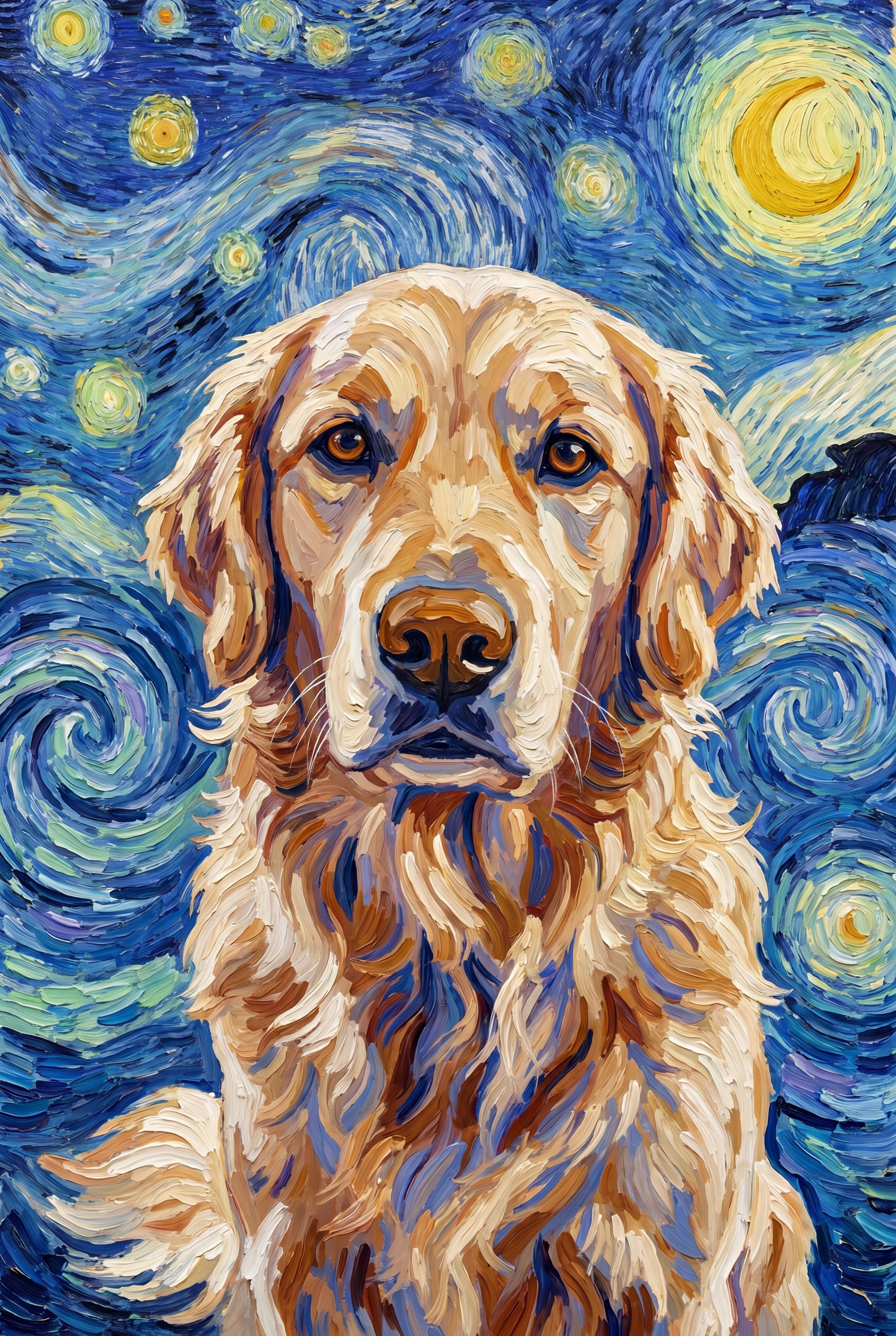 Van Gogh Starry Night pet portrait of a Golden Retriever, framed fine-art print