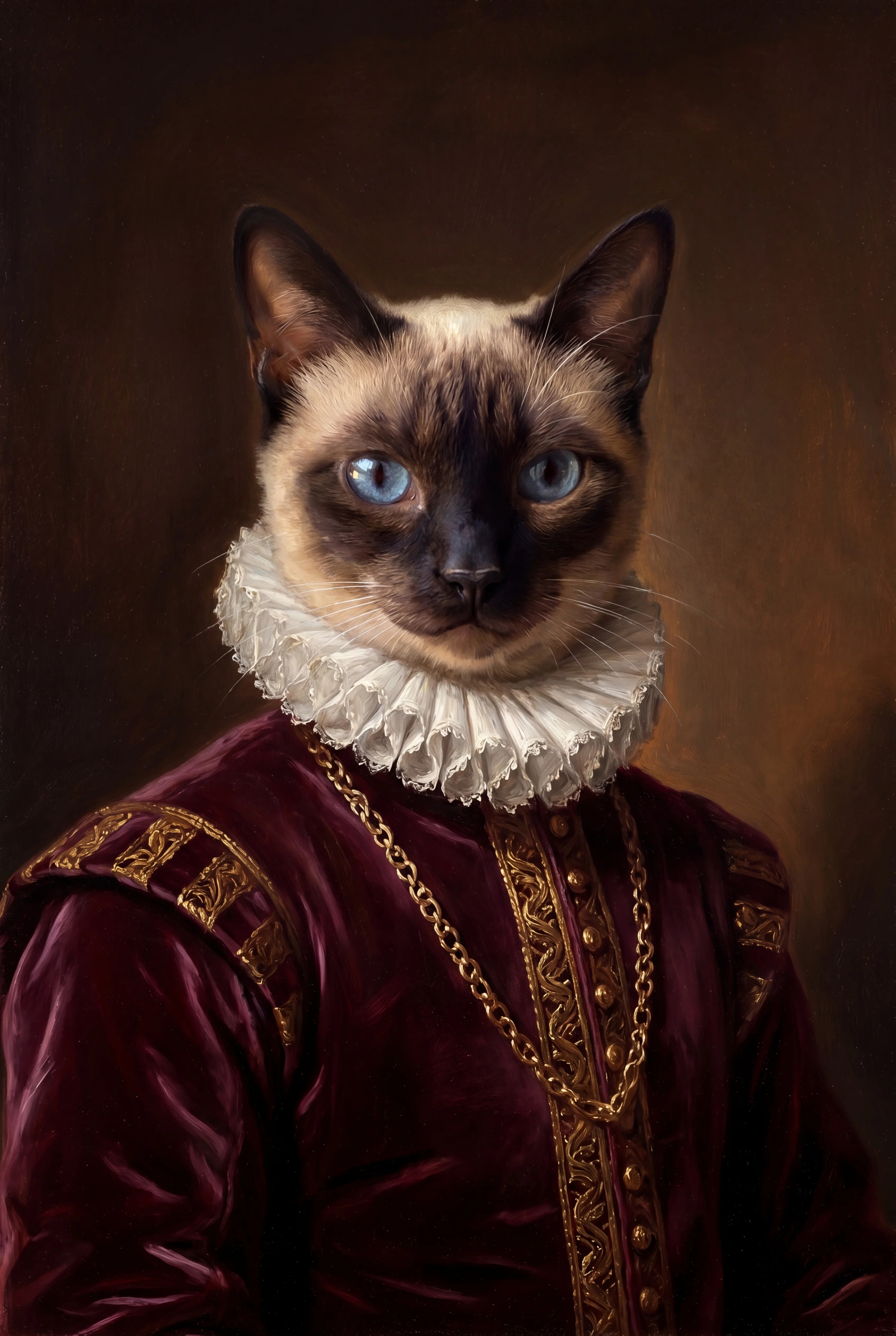 Classic Renaissance Royal pet portrait of a Siamese cat, framed fine-art print