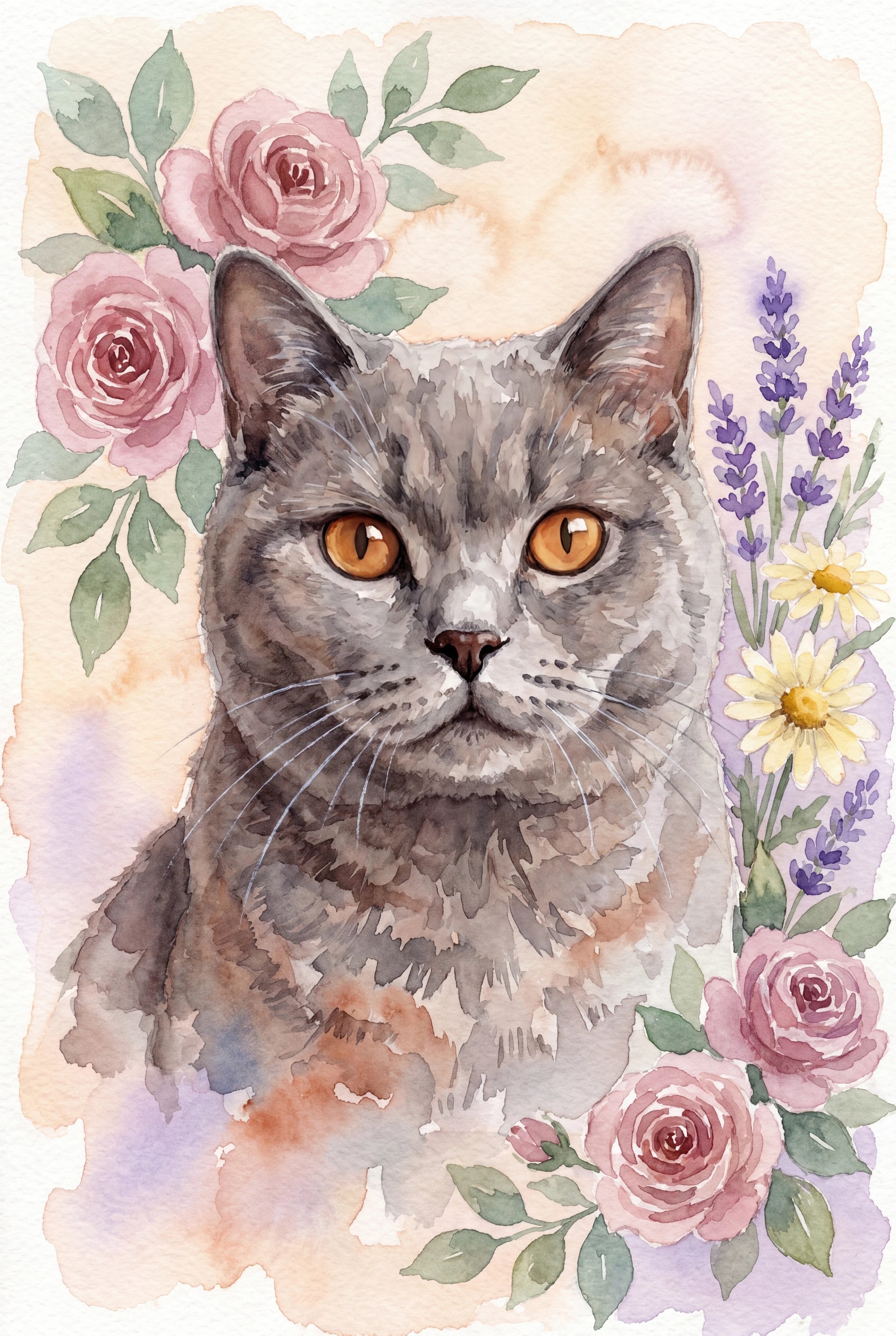 Watercolour Garden pet portrait of a classic blue gray British Shorthair cat, framed fine-art print