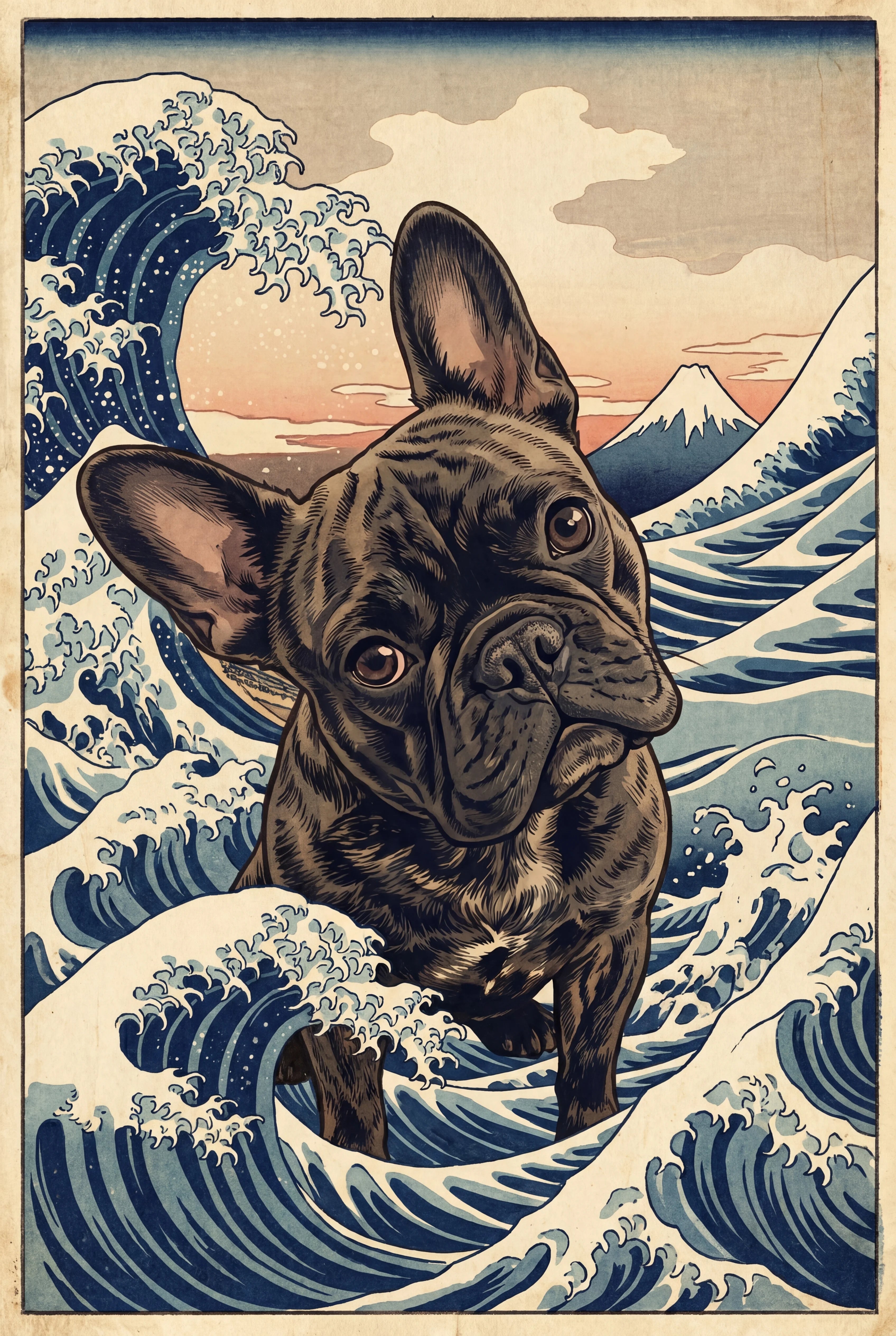 Japanese Ukiyo-e Great Wave Fusion pet portrait of a dark brindle French Bulldog, framed fine-art print