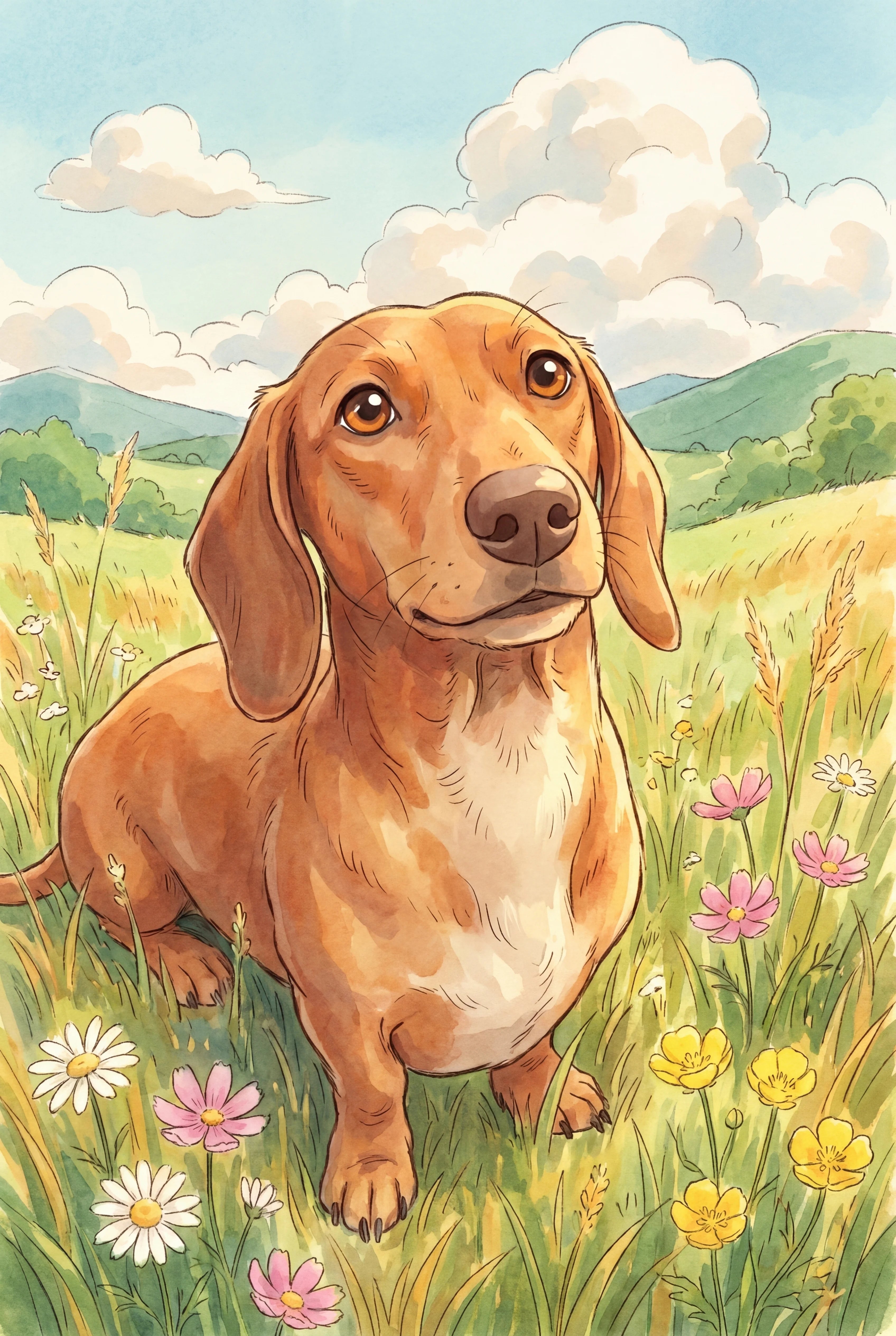 Anime Meadow pet portrait of a smooth coat red Dachshund, framed fine-art print