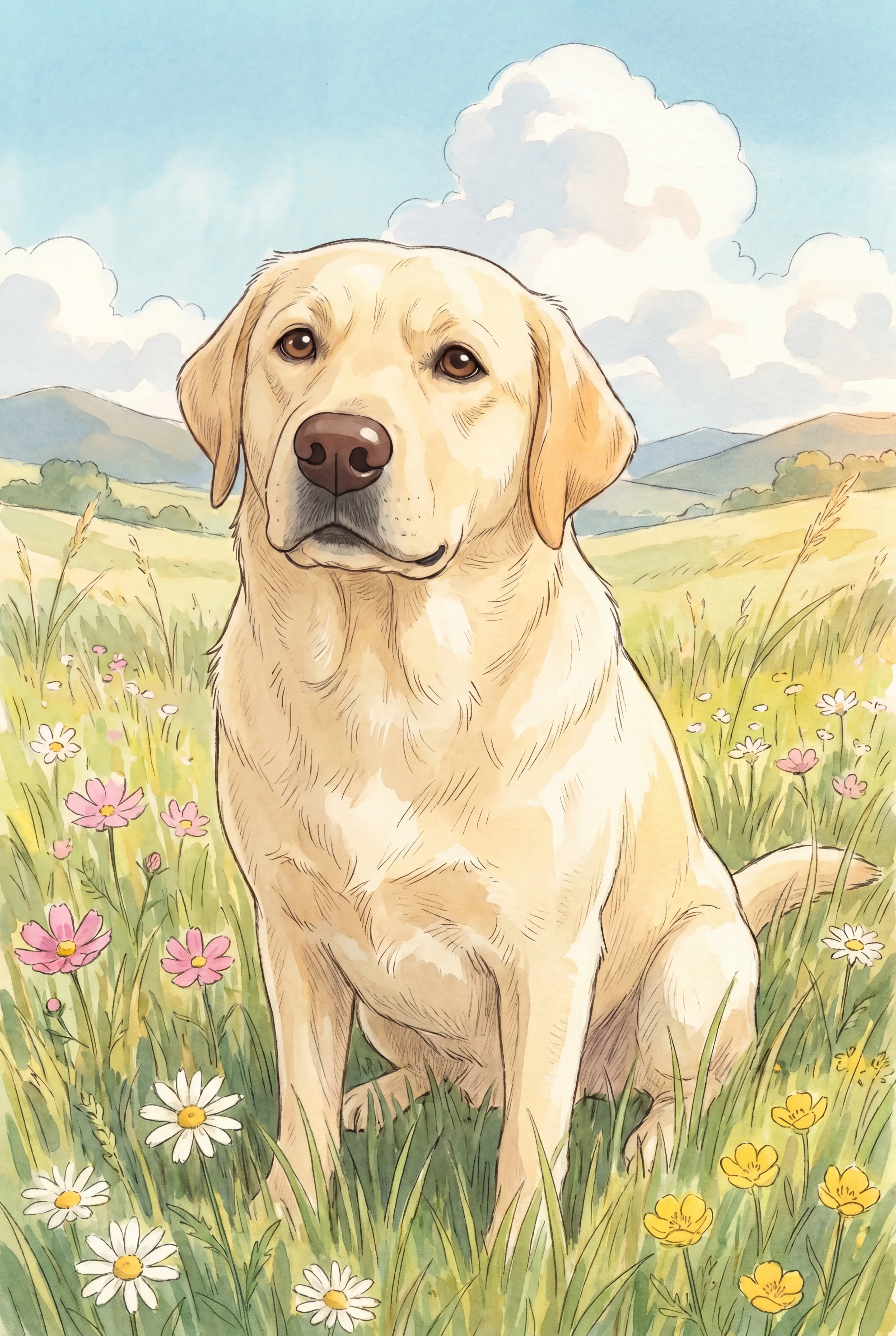 Anime Meadow pet portrait of a yellow Labrador Retriever, framed fine-art print